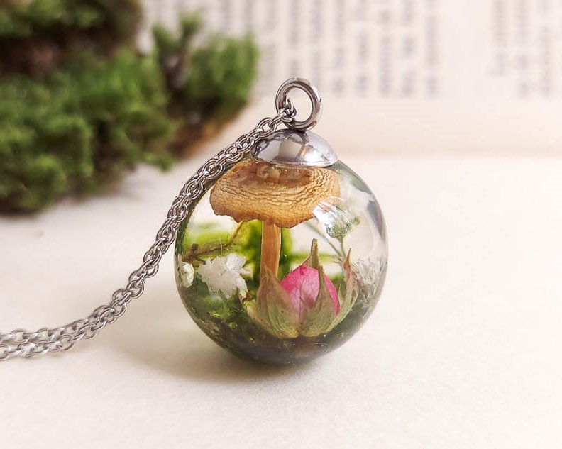 Real Fungi Necklace with Tiny Rose – Terrarium Resin Necklace
