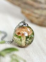 Mushroom Terrarium Necklace with Real Flower and Leaf in Resin
