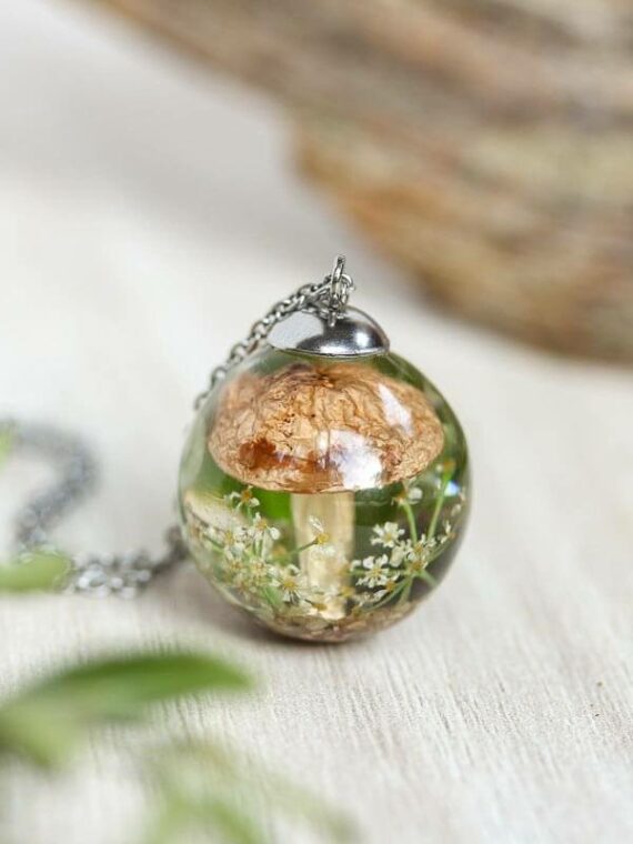 Mushroom Terrarium Necklace with Real Flower and Leaf in Resin