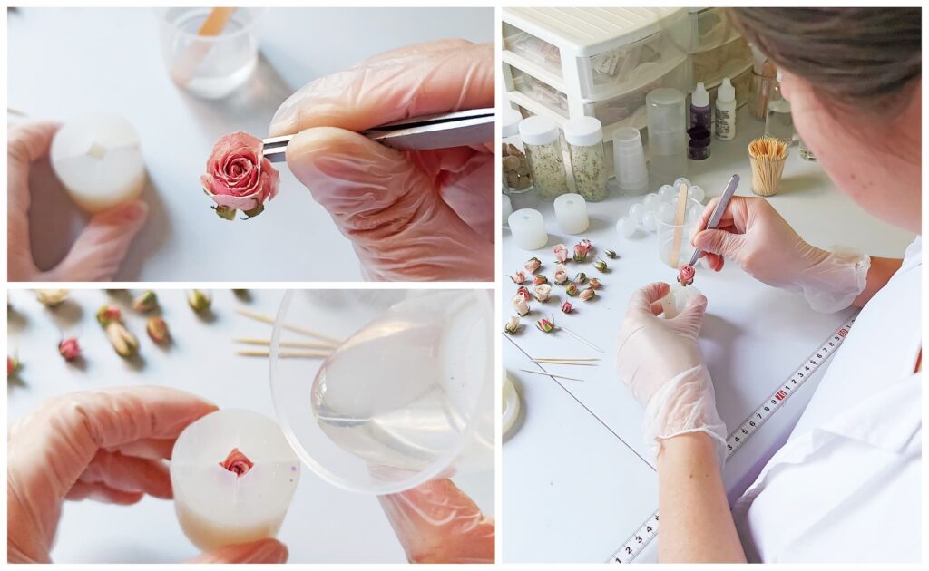 Close-up of handmade resin jewelry process at Botania Jewelry, embedding real miniature roses into molds with care