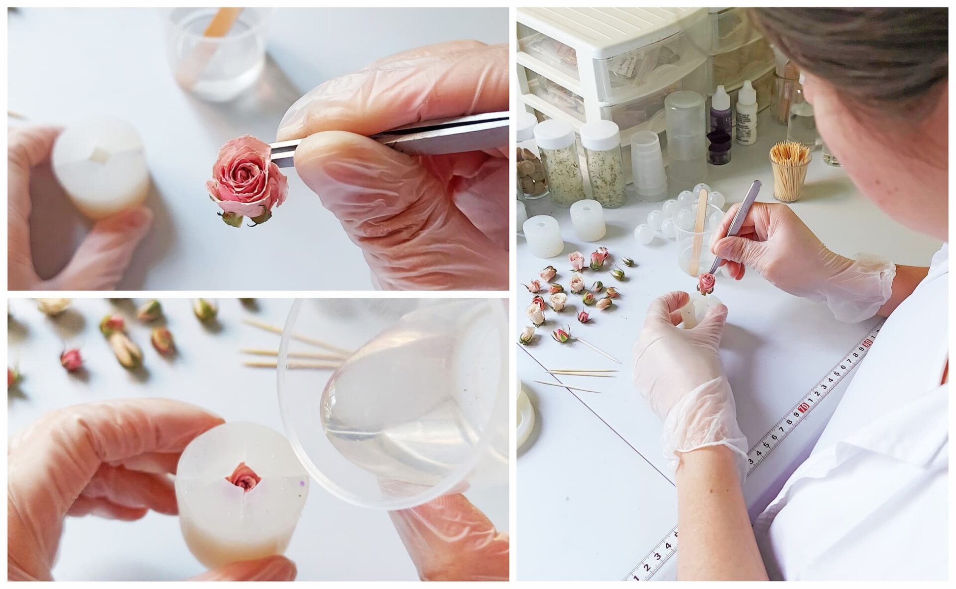 Close-up of handmade resin jewelry process at Botania Jewelry, embedding real miniature roses into molds with care