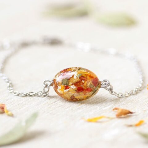 Delicate resin bracelet with preserved wedding bouquet flowers, custom botanical keepsake