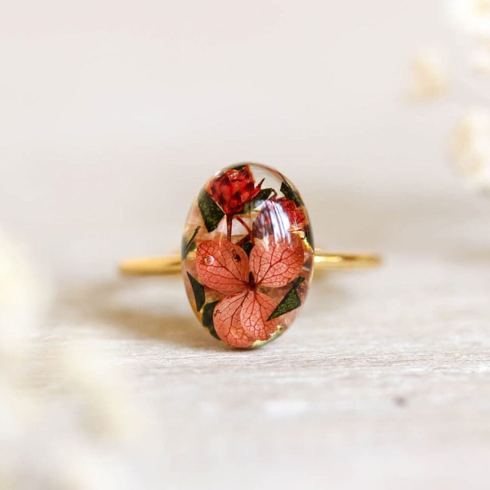 Handmade resin ring with preserved flowers from wedding bouquet