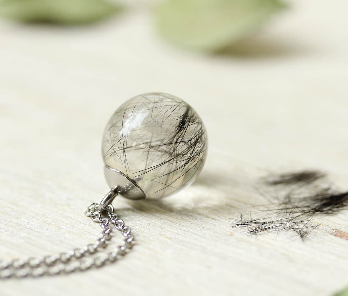 Custom pet hair keepsake necklace with resin sphere and silver chain, sentimental jewelry for pet lovers