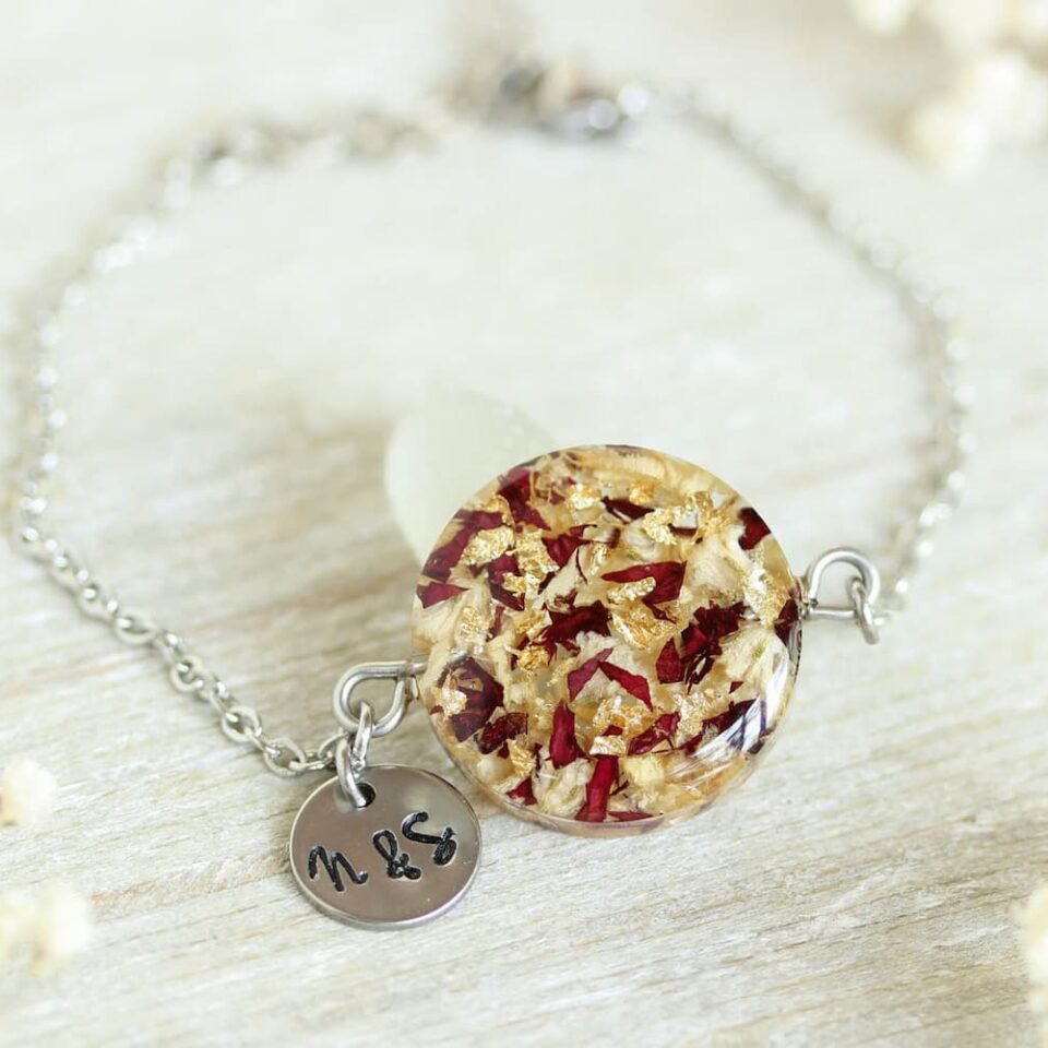 Custom resin bracelet with preserved bouquet flowers and personalized initial charm