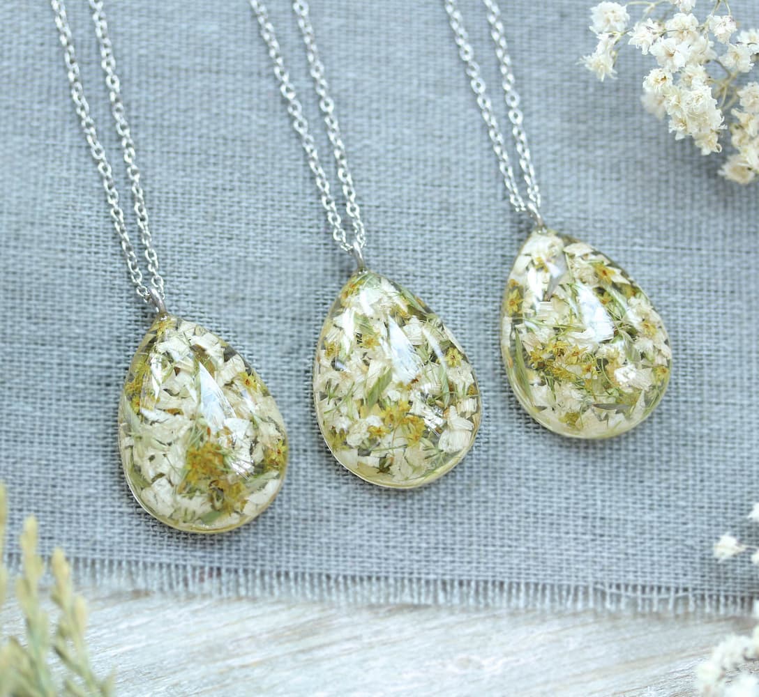 Teardrop resin necklace with preserved wedding flowers for timeless keepsake jewelry